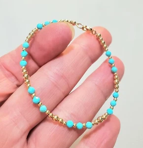 14k Solid Yellow or Rose Gold 3mm Sleeping Beauty Blue Turquoise Bead Bracelet - Picture 1 of 11