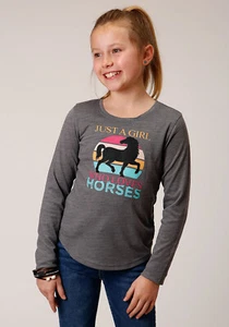 Roper Girls Loves Horses Grey Poly/Rayon L/S T-Shirt - Picture 1 of 4