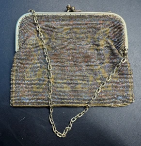 Antique Micro Beaded Purse 1920s Art Deco Bag Brass Frame w/ Chain - Picture 1 of 7