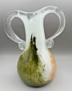 Mundgeblasene Kunstglas Vase mit Griffen Murano Stil 10" hoch grün hellbraun weiß & klar - Bild 1 von 7