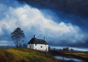 White cottage on Scottish highlands, print of original oil painting. Wall art A3 - Picture 1 of 7