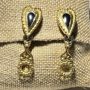 Orecchini Vintage Trifari Clip-On Tono Oro Smalto Nero Pendente Goccia Stile MCM - Foto 1 di 10