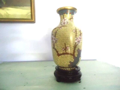 vintage  enamel cloisonne brass vase on wooden stand - Image 1 of 4