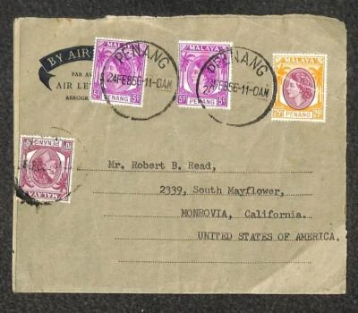 MALAYA PENANG 32 (x3) y 38 SELLOS A EE. UU. CARTA AÉREA CORREO PAPELERÍA 1956 Foto 1 de 4