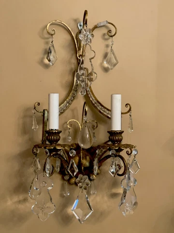 PAIR Antique Vintage French Italian Crystal Beaded Gilt Metal Wall Sconces Cover