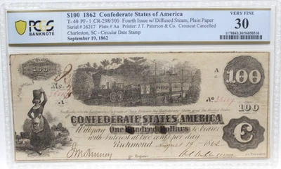 T-40 1862 $100  Confederate States   Civil War CHARLESTON PCGS 30  VF PF-1 R3 - Image 1 of 4