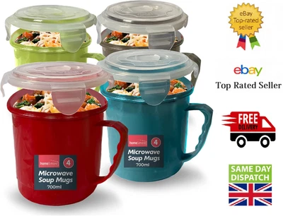 Set of 4 Microwave Soup Mugs with Handles and Lids 700ml airtight lock bowl cup - Image 1 of 4