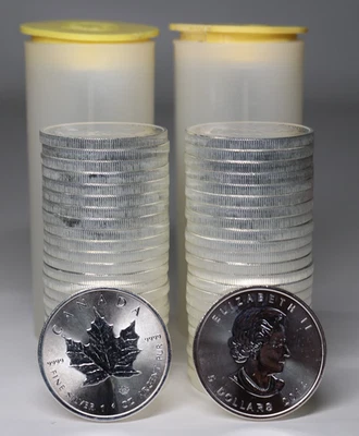 2014 Canada Maple Leaf Fifty (50) 1 oz Silver Coins .9999 Fine 2 Rolls x 25 Each - Image 1 of 3