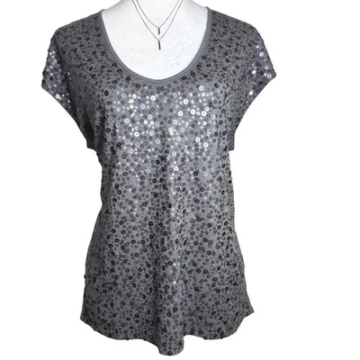 Garnet Hill 女式灰色亮片帽袖低圆领束腰上衣 S 码 — 第 1/4 张图片