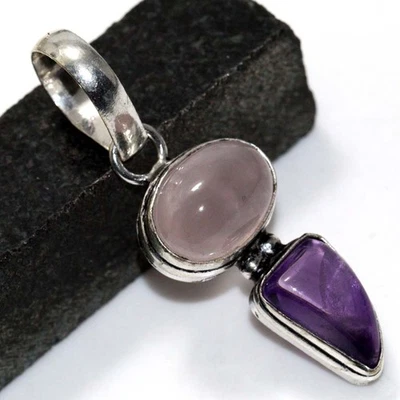Colgante enchapado en plata 925 amatista natural cuarzo rosa 1,7" mujer regalos JW Foto 1 de 3