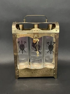 Vintage MCM Large Metal Glass Liquor Decanter Music Box 3 Bottles Key Brass E4 - Picture 1 of 19