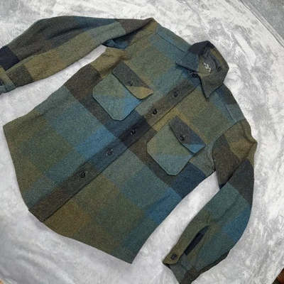 Camisa de lana CPO vintage años 50 para hombre pequeña verde a cuadros botón delantero Foto 1 de 4