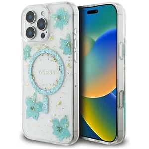 Etui Guess Żywica Kwiaty Brokat MagSafe do Apple iPhone 16 Pro turkusowe - Zdjęcie 1 z 8