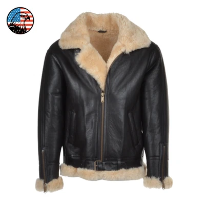 Chaqueta de cuero de piel de oveja bombardero B3 para hombre RAF piloto vuelo invierno abrigo negro EE. UU. Foto 1 de 4