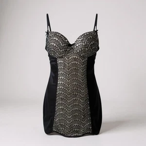 MARILYN MONROE  L Black Lace Over Nude Satin Shaper Nightie Chemise Slip R $45 - Picture 1 of 10