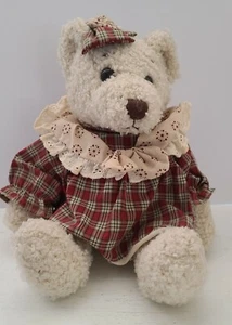 Vintage T.L. TOYS Dressed Bear Plüsch, Stofftier, cremeweiß, karierte Kleid Schleife - Bild 1 von 7