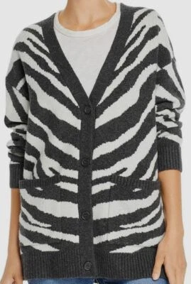 $495 French Connection Mujer Gris Blanco Cuello en V Lana Cebra Cárdigan Sudadera M Foto 1 de 2