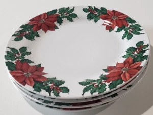 Hallmark Poinsettia Dinner Plates Set of FOUR 10-1/2" Holly Berry Christmas - Picture 1 of 6