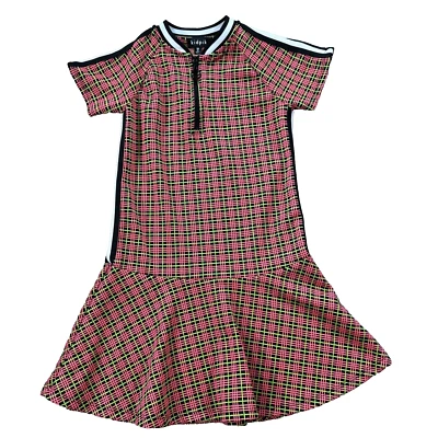 Vestido patinador Kidpik a cuadros con volantes dobladillo niña mediano 10 rosa verde neón manga corta Foto 1 de 4