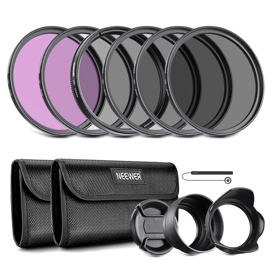 NEEWER 82mm Lens Filter Kit: UV, CPL, FLD, ND2, ND4, ND8, Lens Hood and Lens Cap - Image 1 of 4