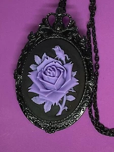 Purple Rose Cameo Black Necklace Brooch Wedding Gothic Rockabilly Hat Pin Amulet - Picture 1 of 10