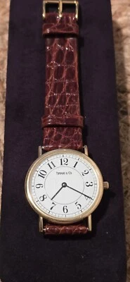 Tiffany&Co 14k Quartz Watch - Tiffany Leather Band and Tiffany Presentation Box. - Image 1 of 4