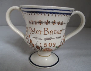 Antique "Peter Bates 1802" 2 Handled Ceramic Loving Cup with Frog Inside - Picture 1 of 8