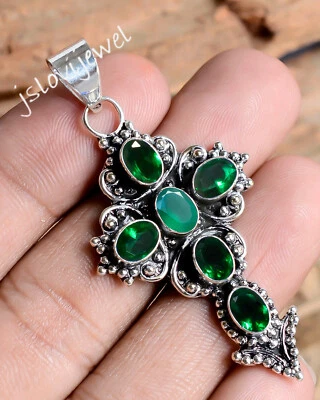 铬透镜和绿玛瑙宝石吊坠 925 纯银时尚十字架 — 第 1/4 张图片