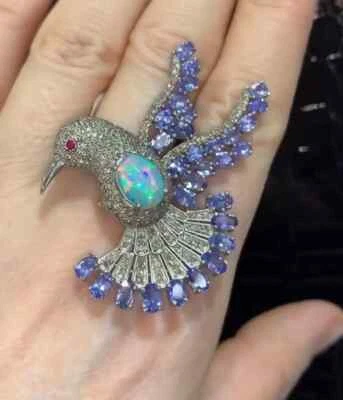 Broche colgante de pájaro de tanzanita y ópalo - plata de ley 925, joyería pavé de diamantes Foto 1 de 4