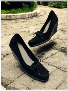 Aerosoles * NEW * Togather Womens LEATHER Wedge Slip On Shoe Size 7.5 Black Bow - Picture 1 of 8