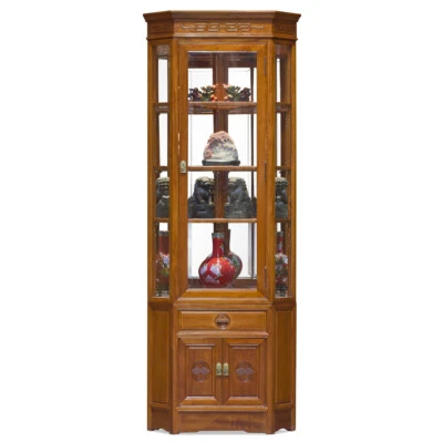 US SELLER - Natural Finish Rosewood Chinese Longevity Corner Display Cabinet - Image 1 of 4