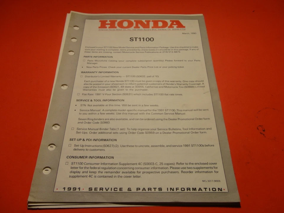 OEM ORIGINAL 1991 HONDA ST1100 SERVICE & PARTS INFORMATION RATE HOURLY MANUAL - Image 1 of 1