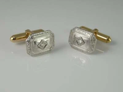 1925s Mid-Century 925 Two Tone Sterling Silver With Old Mine Cut CZ Men Cufflink - Image 1 of 4
