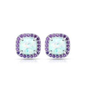 Cushion Cut Halo Simulated Opal & Amethyst Stud Earrings in Sterlng Silver - Picture 1 of 3