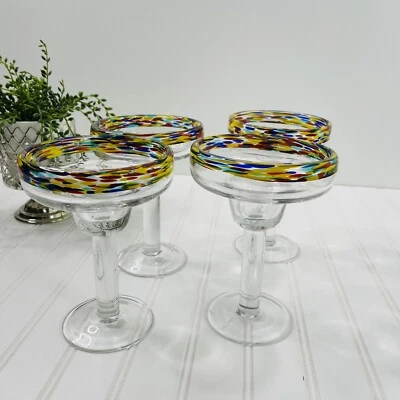 Lote de 4 vasos artísticos soplados a mano con borde de confeti Margarita Foto 1 de 4