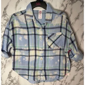 Justice Girls Double Weave Plaid Button-Up Shirt XS (5/6)  Blue Green White - Picture 1 of 5