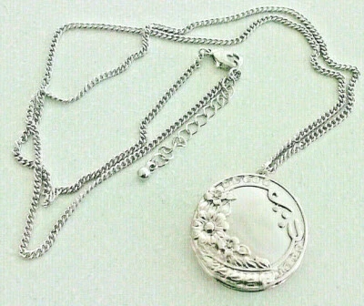 FLORAL LOCKET Crystal Bling PENDANT Silver Tone 24.5" Chain FASHION NECKLACE - Image 1 of 4