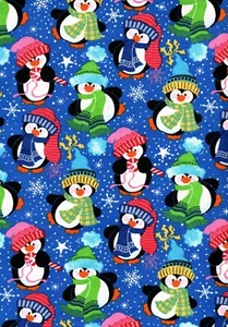 Penguins on Blue Cotton Fabric by Laurie Campbell La-di-draw 3/4 Yard - Picture 1 of 2