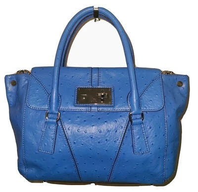 MILLY OSTRICH BLUE LEATHER MINA LARGE CONVERTIBLE SATCHEL BAG - Image 1 of 4