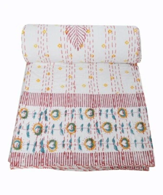 Colcha Kantha Edredón Algodón Estampado Floral Indian Mano Rosa Talla Doble Foto 1 de 4