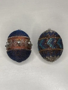 Glass Beaded Copper Wire Egg Shaped Hanging Ornament Pair Sequinned Handmade - Picture 1 of 13