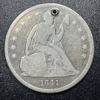 Dólar libertad sentada 1841 $1 en muy buen estado muy buenos detalles con agujero moneda tipo rara Foto 1 de 2