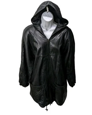 Laura Jefferies Hood Leather Coat Womens M Black Oversize Vintage 80s 90s Y2k - Image 1 of 4