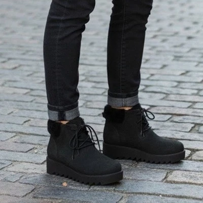 Botín de cuña Eileen Fisher Kenille talla 6 gamuza negra ribete de piel de oveja genuino NUEVO Foto 1 de 4