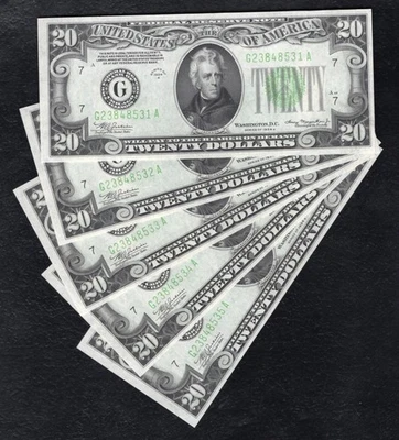 (5) CONSECUTIVE FR. 2055-G 1934-A $20 FRN’S CHICAGO, IL GEM UNCIRCULATED - Image 1 of 2