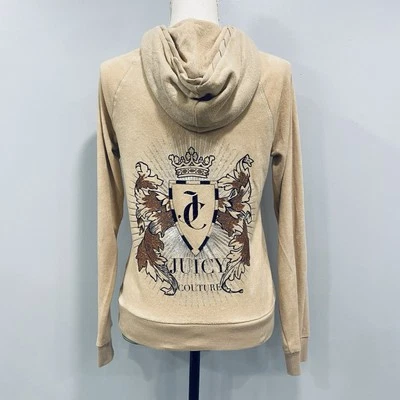 VTG Y2K Juicy Couture M Tan Rhinestone Velour Hoodie Track Jacket Sparkle Art - Image 1 of 4