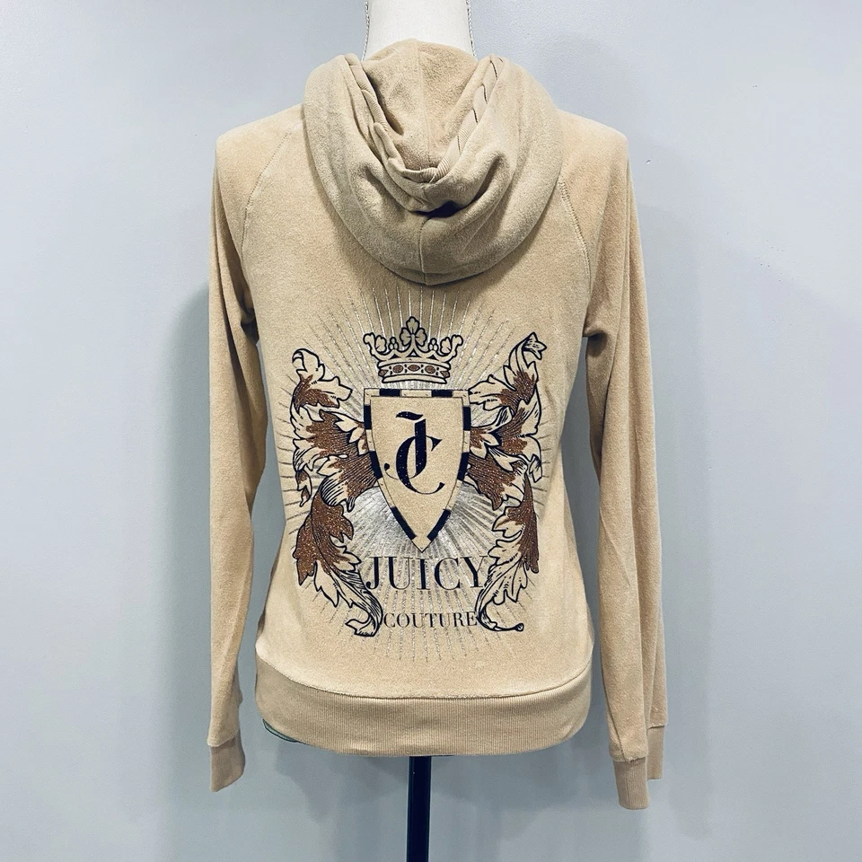 VTG Y2K Juicy Couture M Tan Rhinestone Velour Hoodie Track Jacket Sparkle Art - Image 1 of 4
