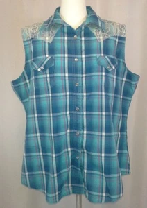 Wrangler Wrancher Shirt Womens Large Blue Pink Plaid Lace Pearl Snap Sleeveless - Picture 1 of 6