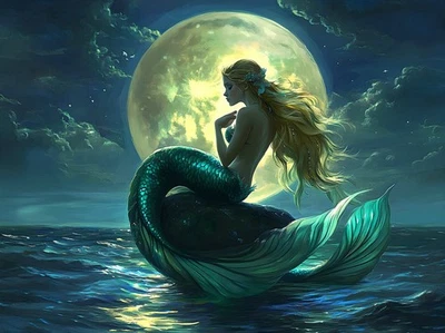 Mermaid Fantasy Moon Sea View Canvas Home Decor Wall Art Prints Painting - Image 1 of 4
