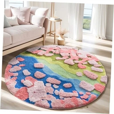  Alfombra redonda moderna, alfombra estética musgo rosa para dormitorio antideslizante  Foto 1 de 4